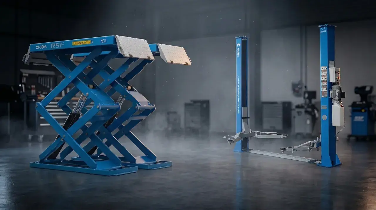 Dos tipos de elevadores para taller: uno de tijera azul y otro de dos columnas azul.