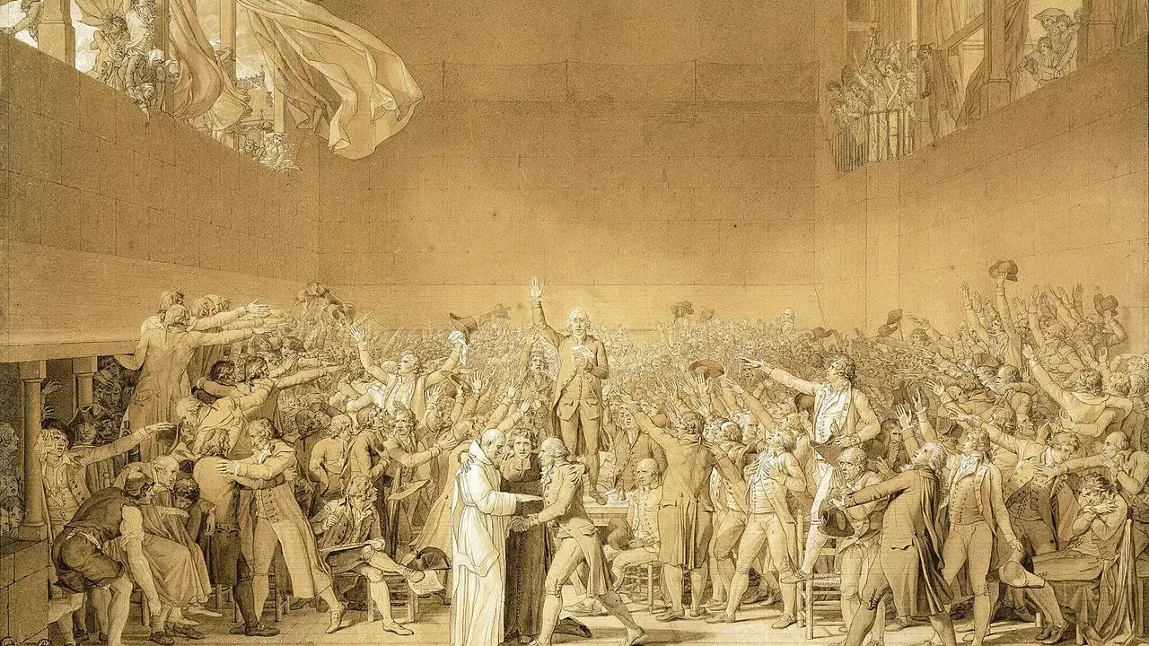 Der Ballhausschwur 1789: Eine Menge von Männern erhebt die Hände in einem Ballhaus, um einen Eid zu schwören.