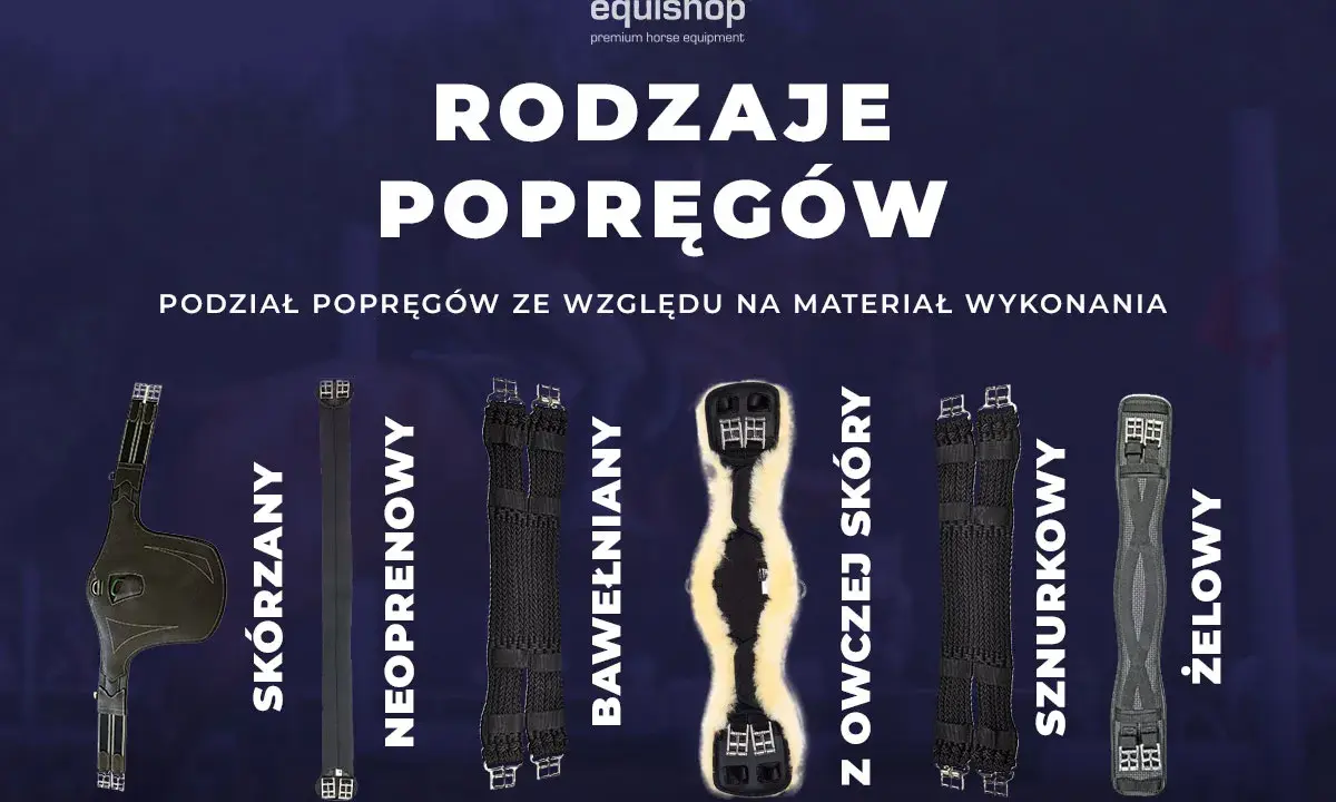 Różne rodzaje popręgów: skórzany, neoprenowy, bawełniany, z owczej skóry, sznurkowy i żelowy.