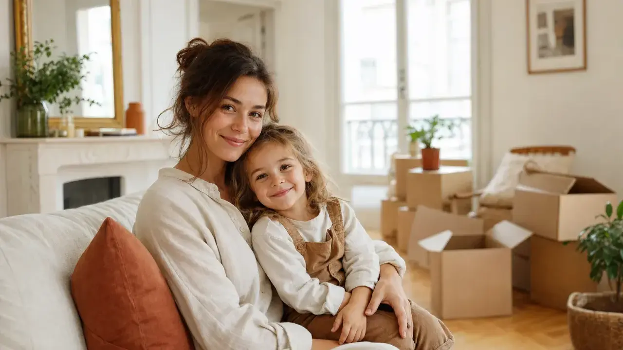 Mère et fille souriantes sur un canapé, entourées de cartons de déménagement. Un nouveau départ après un bail aux 2 noms, malgré la séparation.