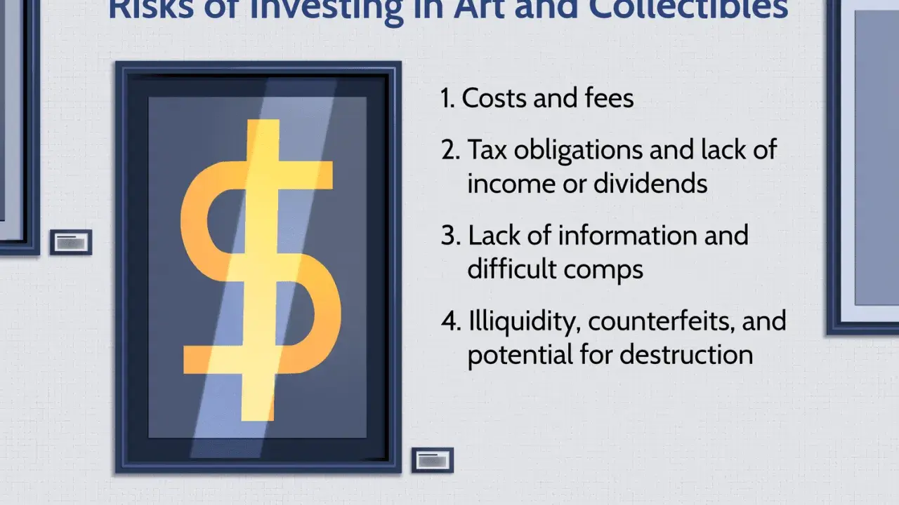 Risks of investing in art, including art investment funds. A dollar sign in a frame highlights costs, taxes, and illiquidity.