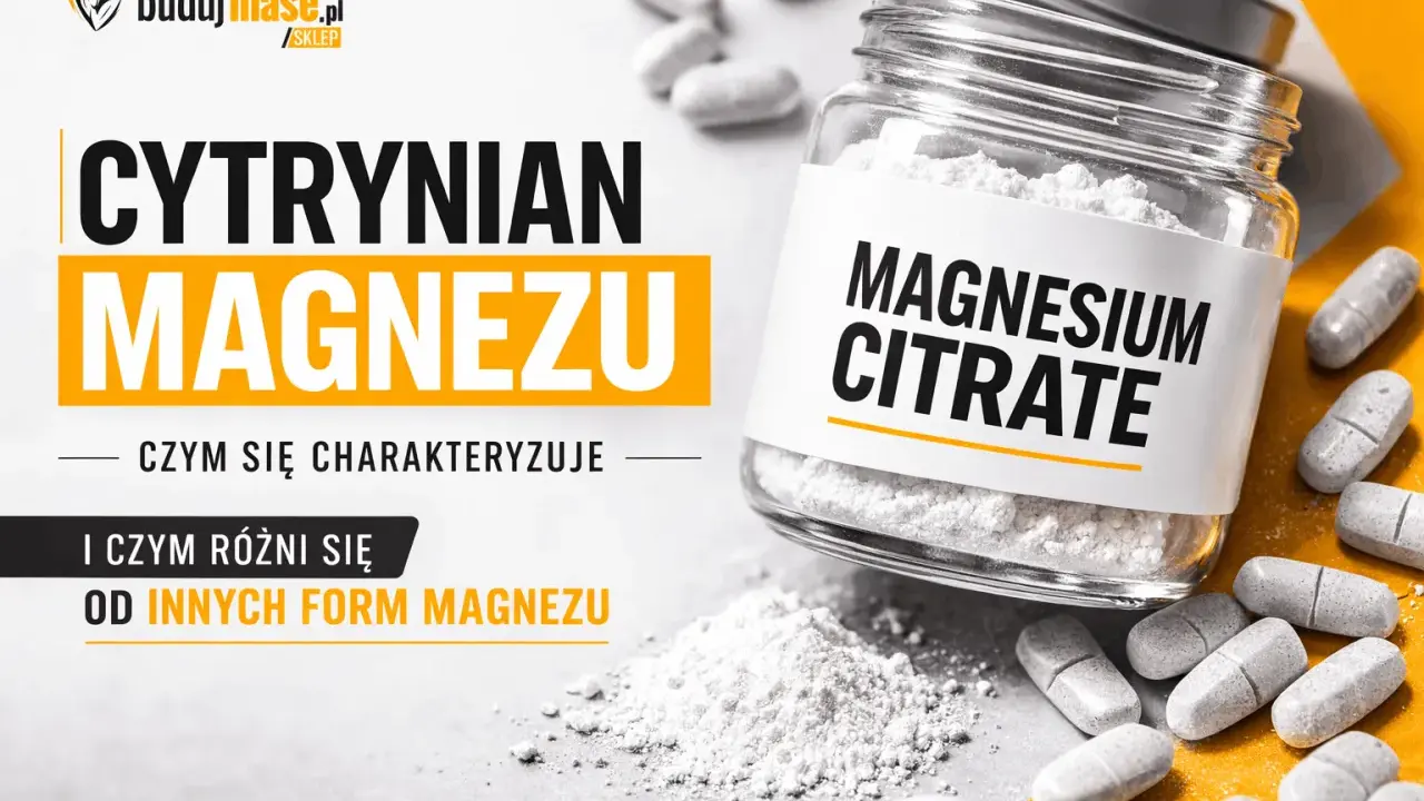 Czy cytrynian magnezu jest szkodliwy? Słoik z białym proszkiem i tabletkami, etykieta "Magnesium Citrate".