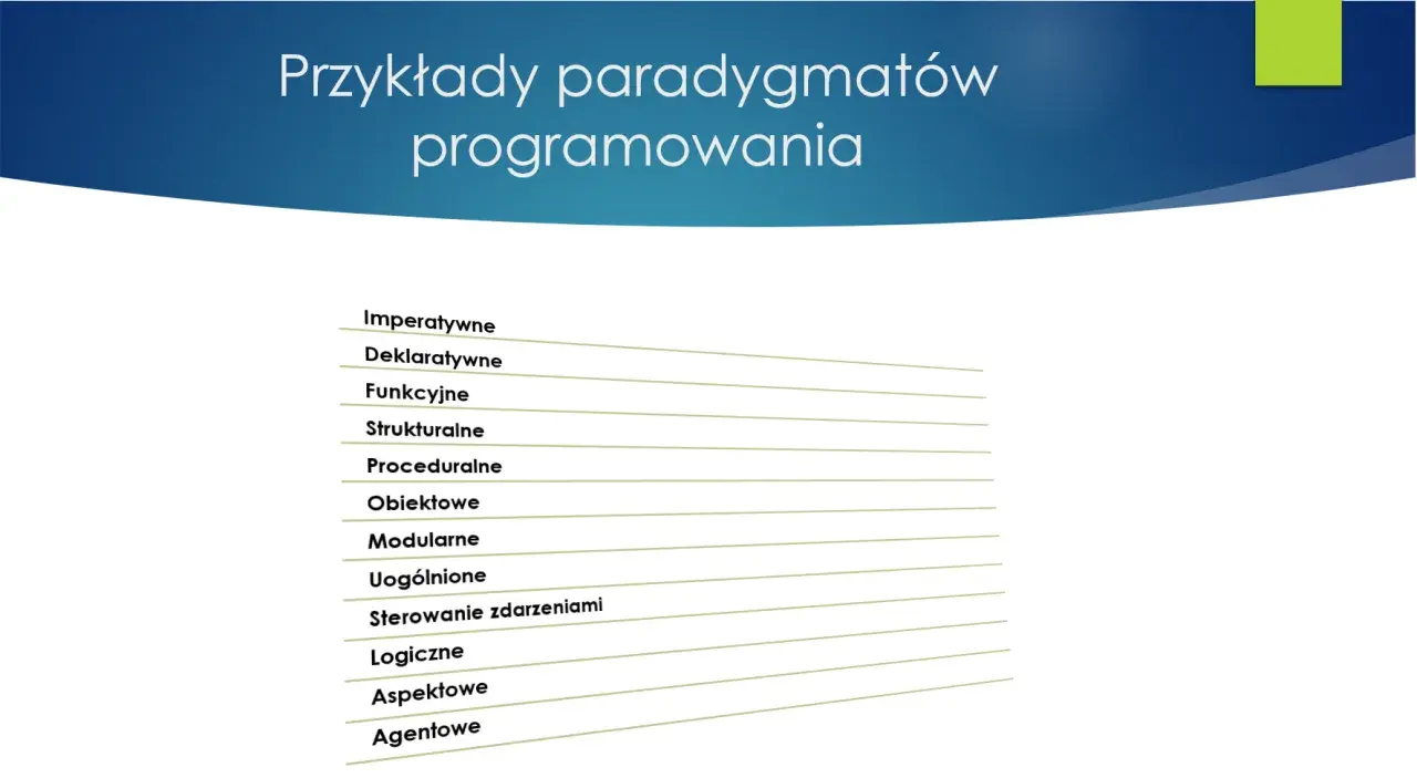 Lista różnych paradygmatów programowania: imperatywne, deklaratywne, funkcyjne, strukturalne, proceduralne, obiektowe, modularne, uogólnione, sterowanie zdarzeniami, logiczne, aspektowe, agentowe.