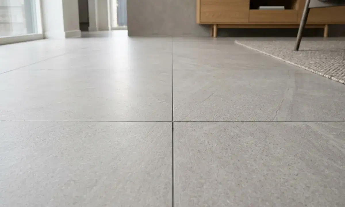 Suelo de salón moderno con azulejo rectificado de gran formato en tonos grises, creando un ambiente minimalista y elegante.