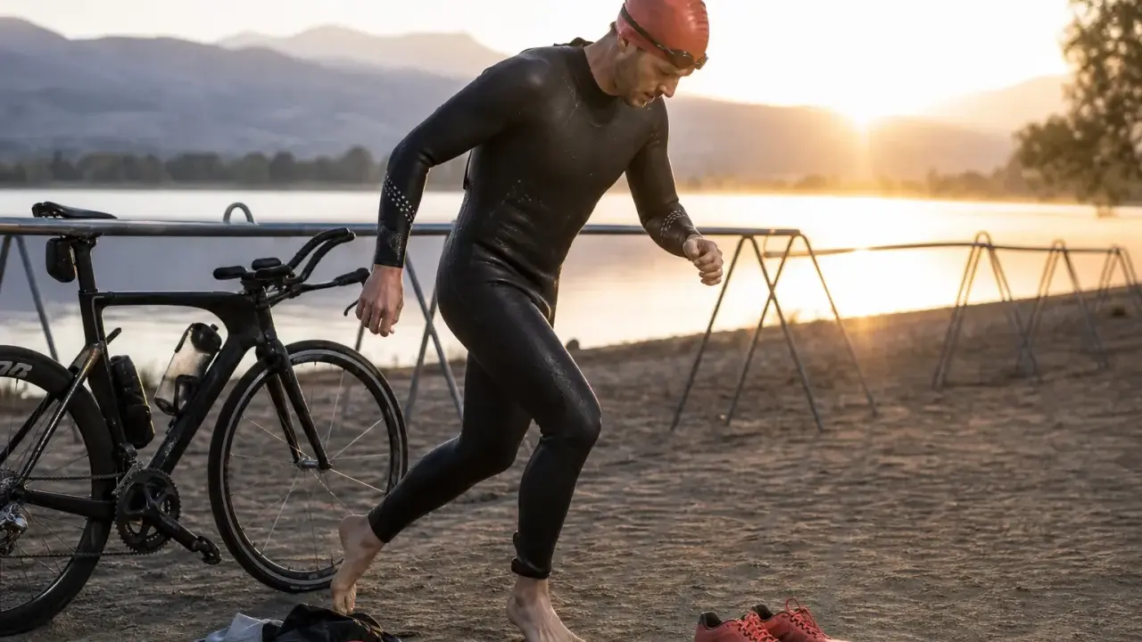 Triathlet in Neoprenanzug und Badekappe, bereit für die Herausforderung. Neben ihm steht sein Rennrad, die Laufschuhe warten. Die verschiedenen triathlon distanzen sind im Kopf.