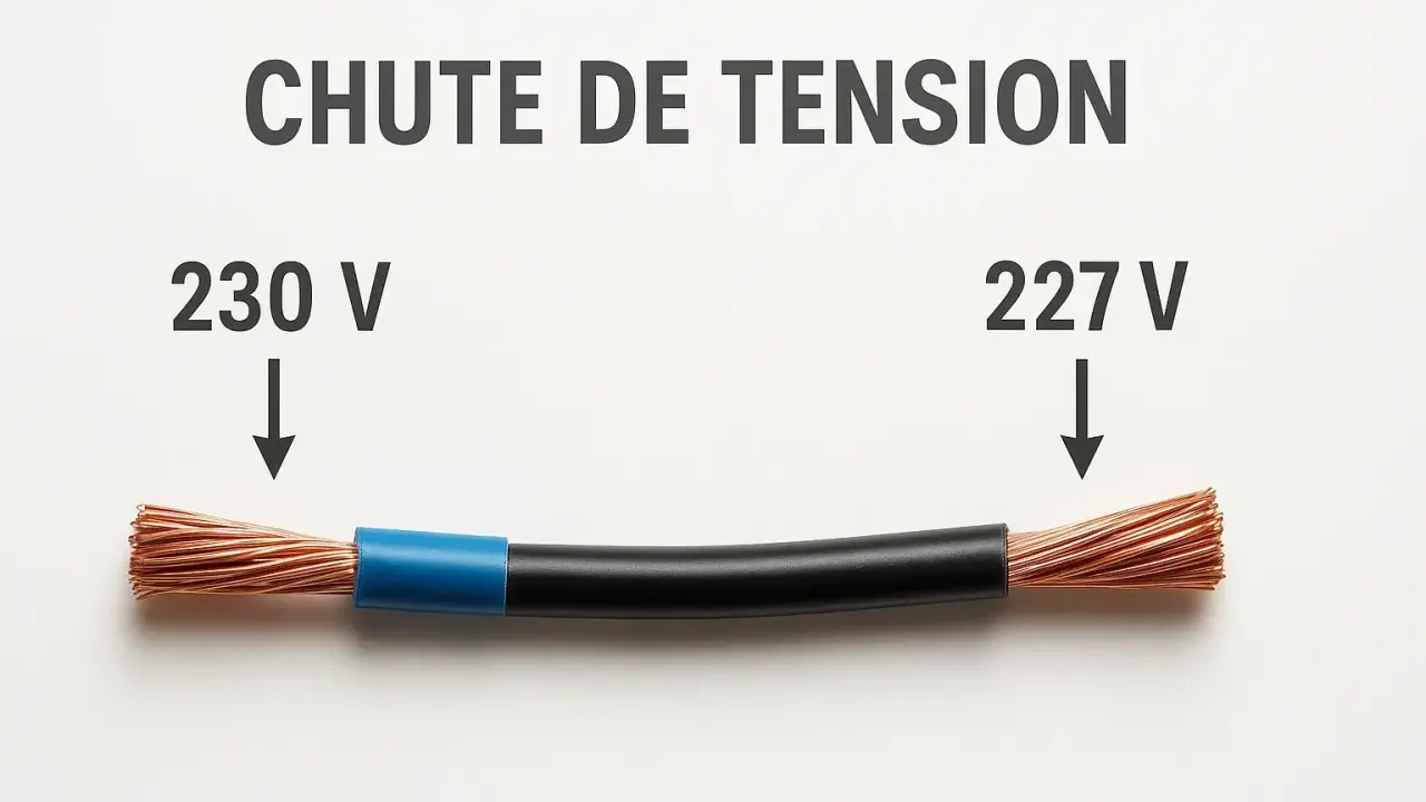 Chute de tension : 230V à gauche, 227V à droite. Le diamètre du câble électrique influence cette perte.