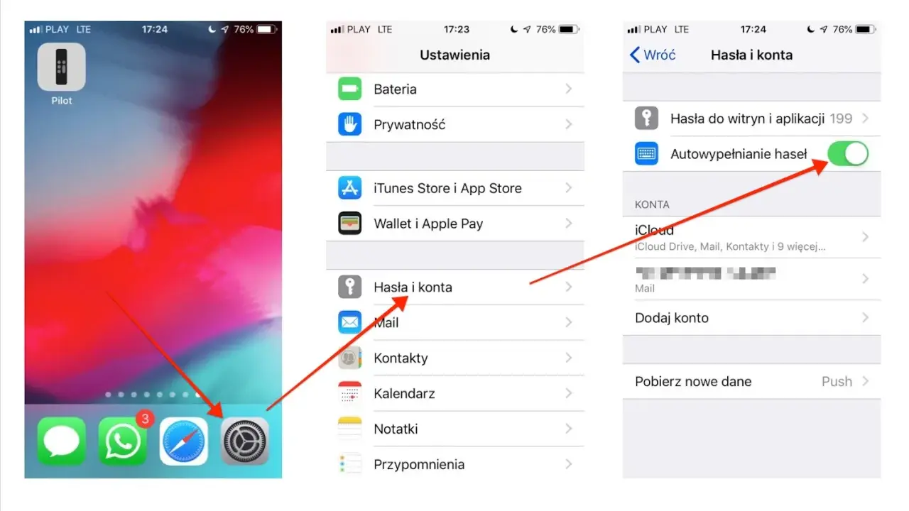 Ekran iPhone z ustawieniami, gdzie widać opcję "Hasła i konta" oraz włączone "Autouzupełnianie haseł".