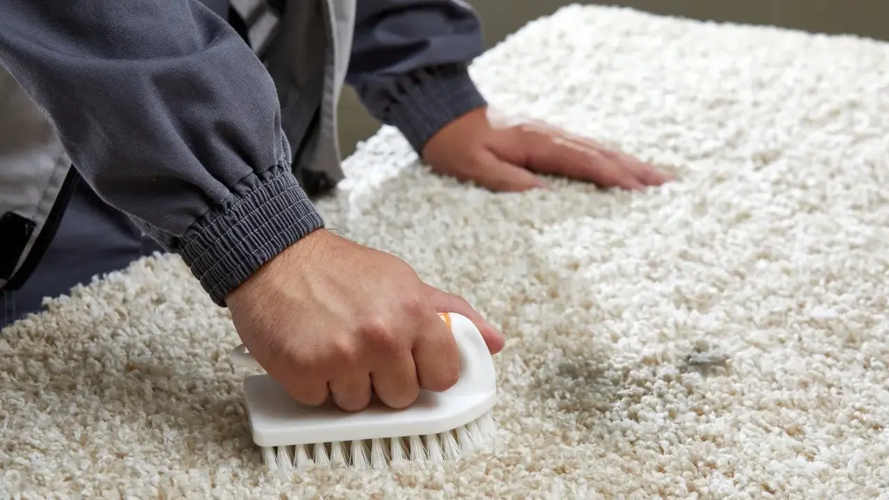 Persona usa un cepillo para limpiar alfombra con bicarbonato, eliminando manchas y malos olores.