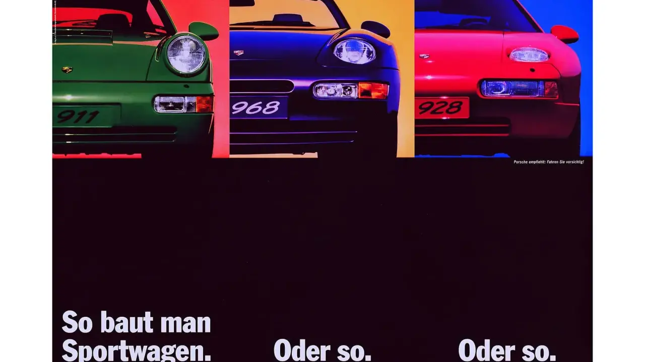 Porsche 911, 968 und 928 in leuchtenden Farben. Die Porsche Werbung zeigt, wie Sportwagen gebaut werden.