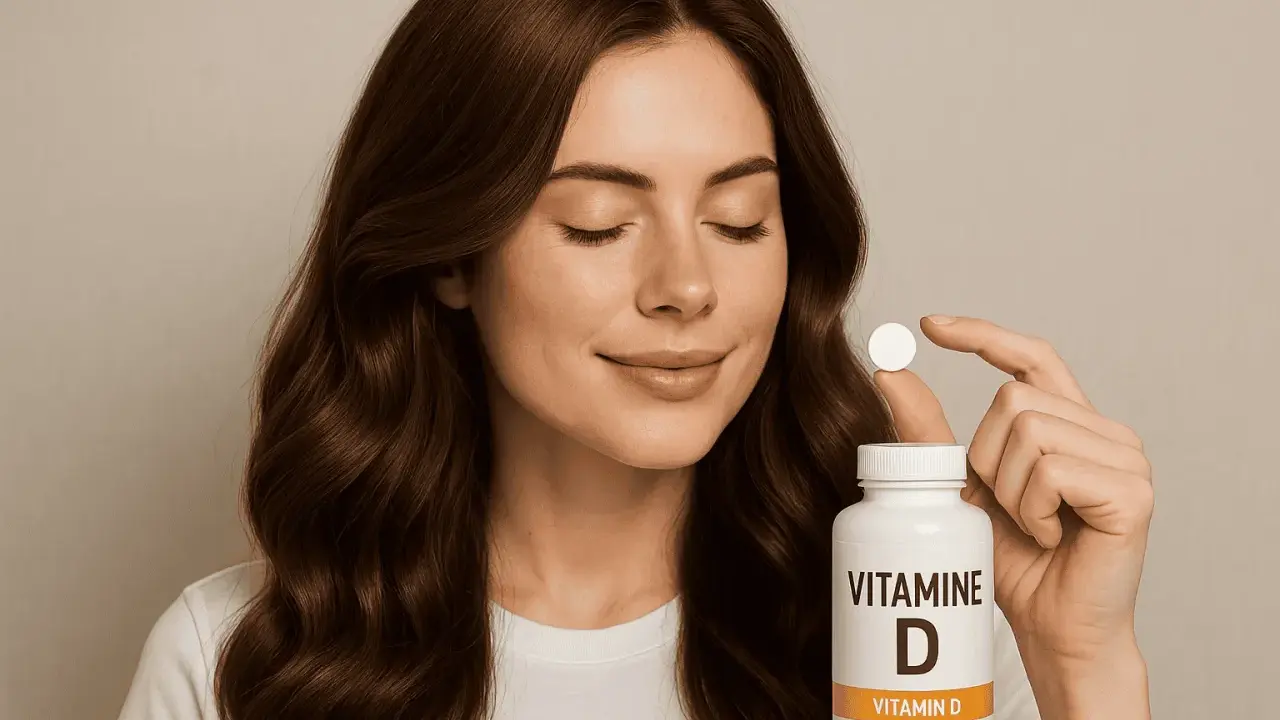 Une femme tient une pilule de vitamine D, un geste pour la santé de ses cheveux.