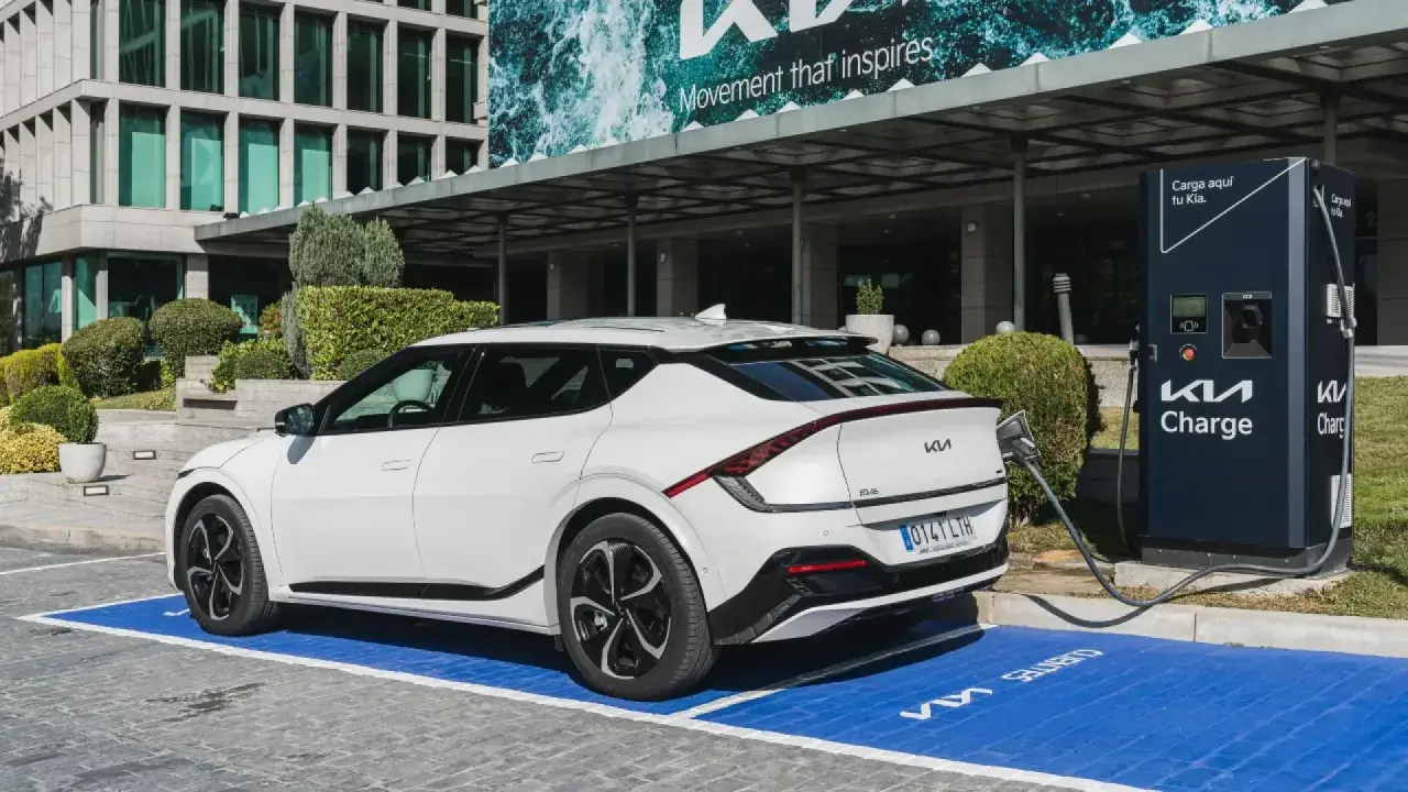 Un coche eléctrico blanco Kia EV6 cargando en un punto Kia Charge. Merece la pena un coche eléctrico por su tecnología y futuro.