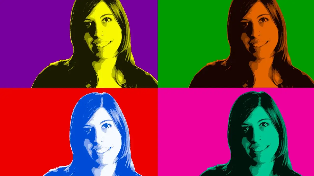 Retrato de mujer con efecto Andy Warhol en cuatro paneles de colores vibrantes: morado, verde, rojo y rosa.