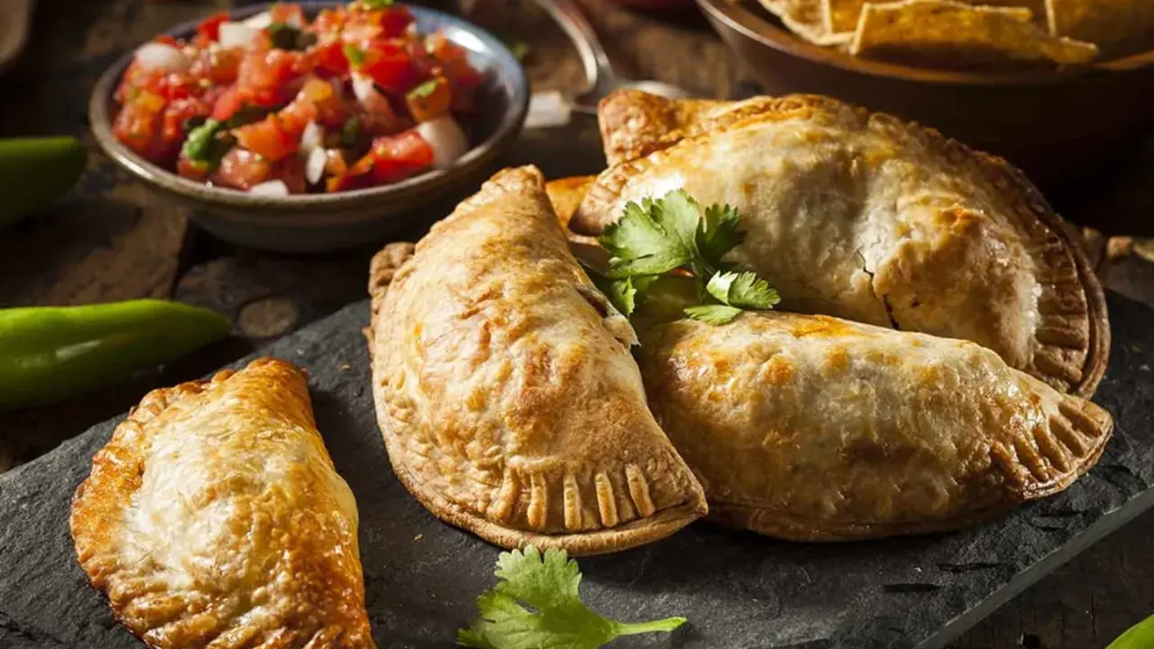 Gyllene argentinska empanadas recept på en svart stenplatta, serverade med färsk salsa och tortillachips.