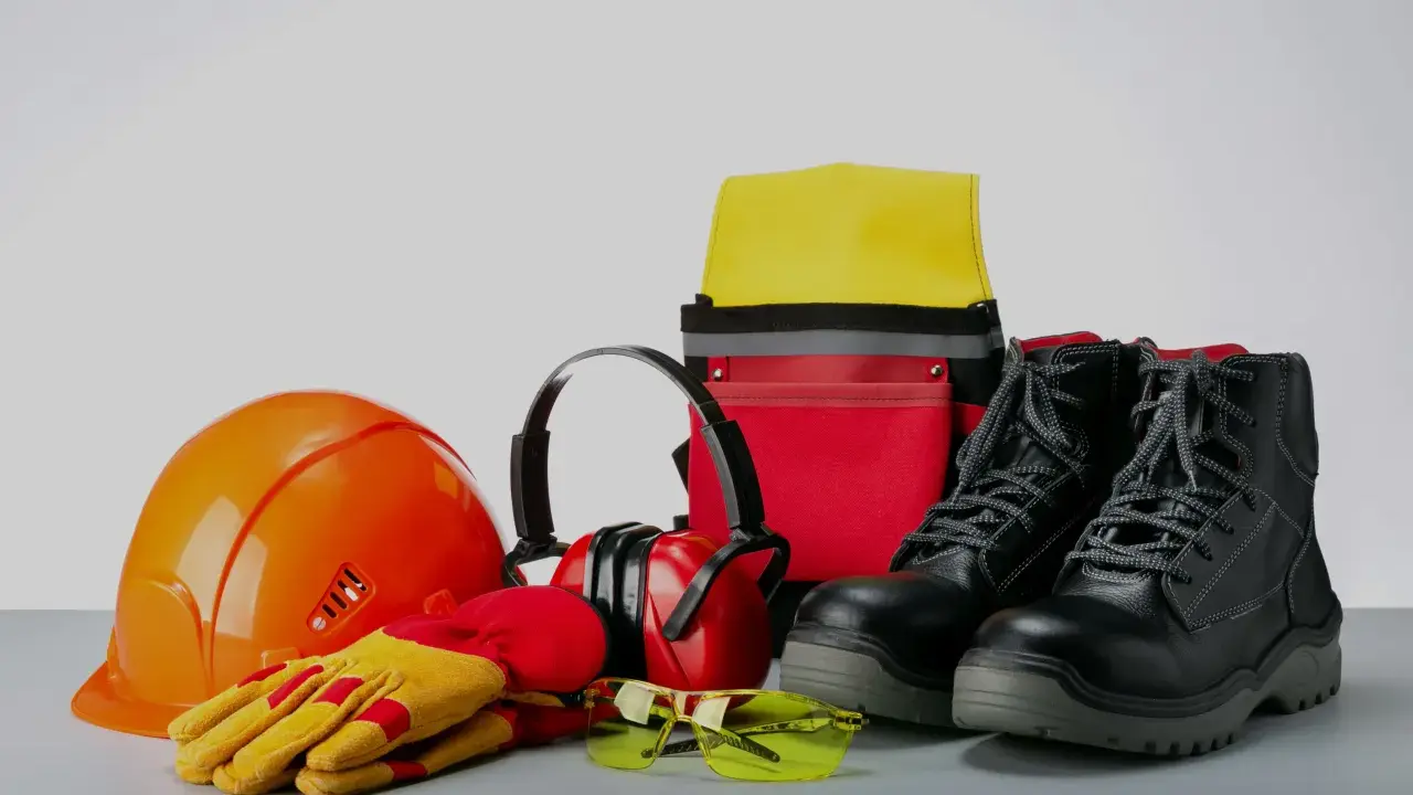 Casco naranja, guantes amarillos, gafas de sol, protectores auditivos, botas negras y un bolso de herramientas. ¡No olvides revisar la caducidad de tus epis!