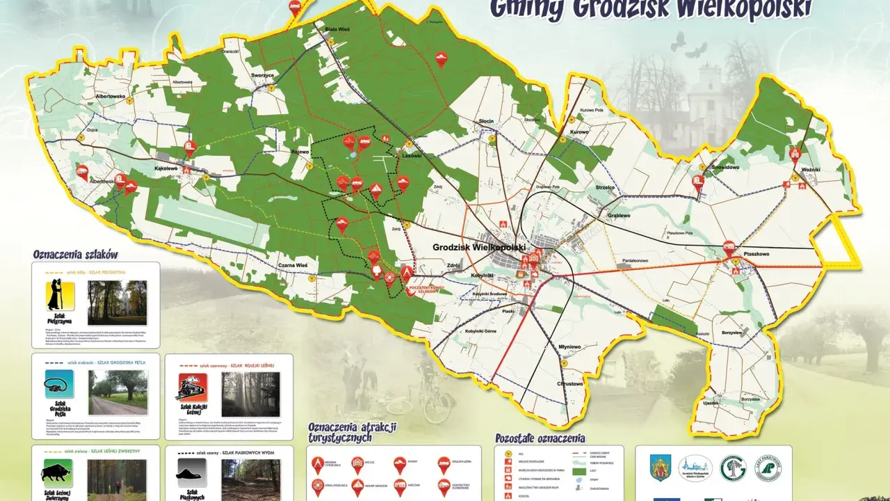 Mapa szlaków pieszo-rowerowych Gminy Grodzisk Wielkopolski. Obejmuje liczne trasy, w tym Szlak Pielgrzyma, Szlak Grodziska Pętla, Szlak Leśnej Zwierzyny i Szlak Kolejki Leśnej.