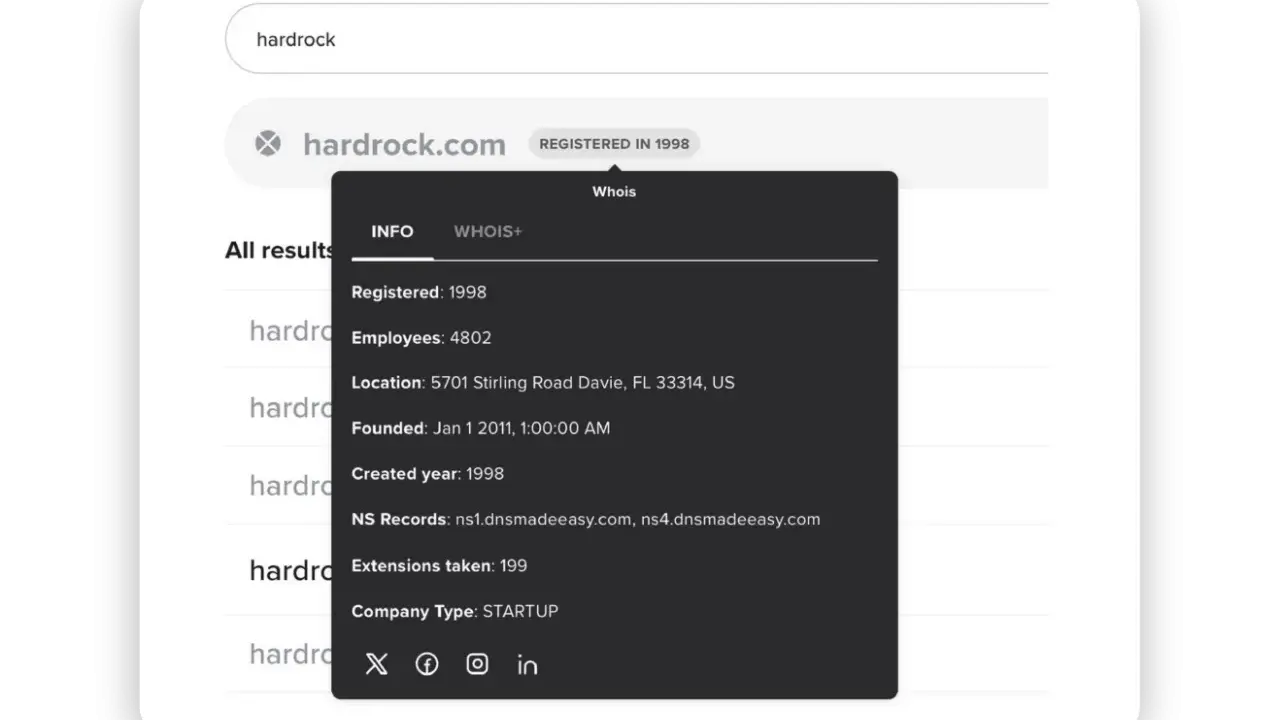 Wyniki wyszukiwania domeny hardrock.com z informacjami WHOIS, w tym datą rejestracji 1998.