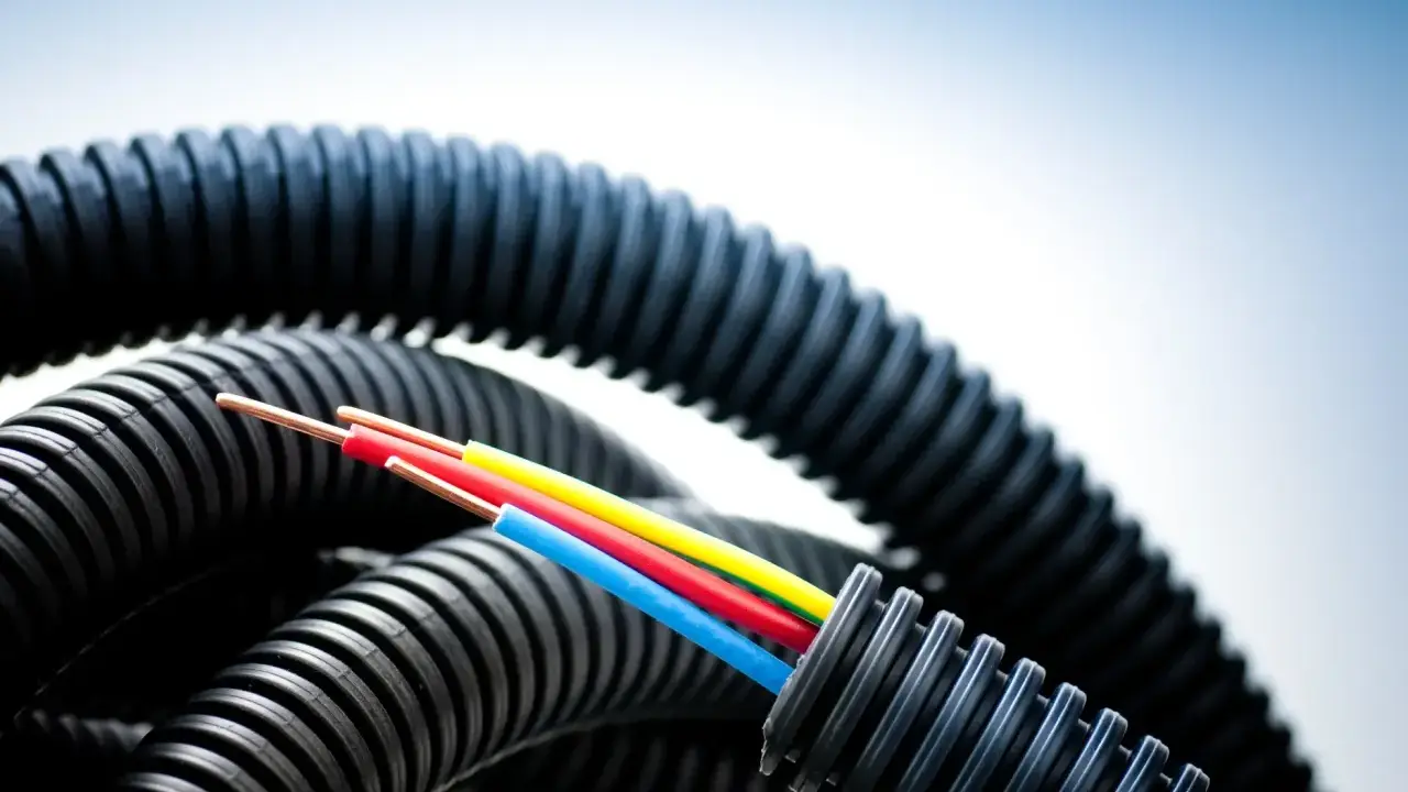 Trois câbles colorés sortent d'une gaine ondulée noire. La question est : combien de cable dans une gaine ?
