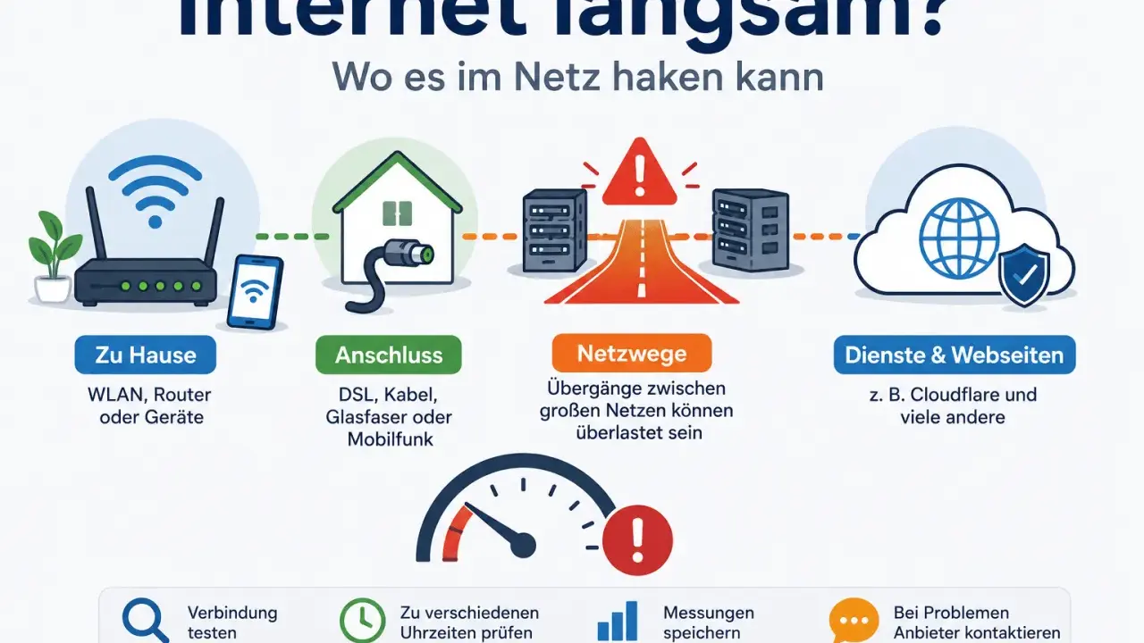Illustration zeigt Ursachen für langsame Internetverbindung: WLAN-Router, Anschluss, Netzwege, Dienste. Hilft bei der Diagnose der verbindungsgeschwindigkeit wlan.
