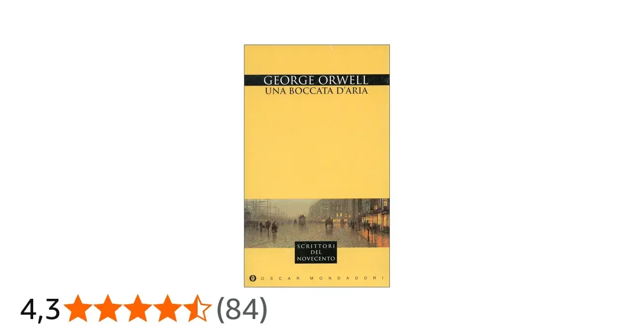 Copertina di "Una boccata d'aria" di George Orwell, con un'illustrazione di una strada cittadina nebbiosa e carrozze.