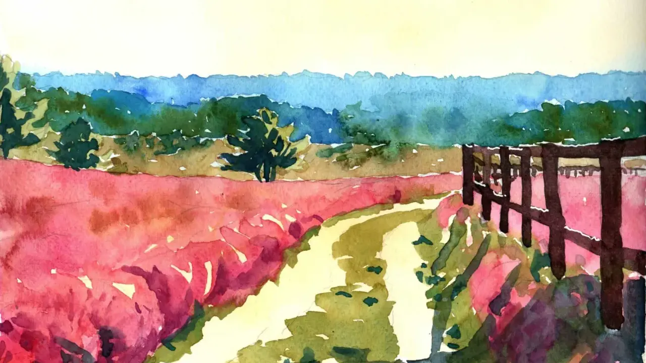 Eine farbenfrohe landschafts malerei mit einem Feld voller leuchtend roter Blumen, einem Feldweg und einem Holzzaun.