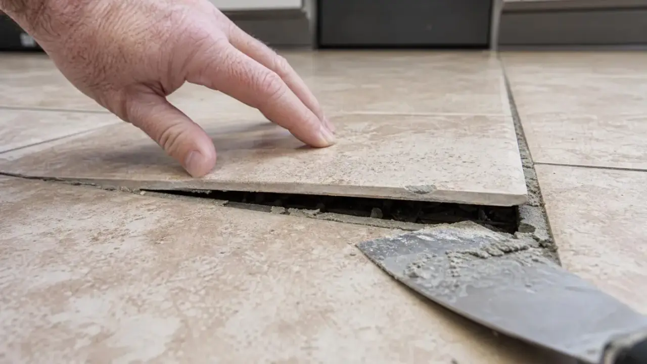 Dłoń sprawdza luźną płytkę, pod którą widać dziurę w płytce podłogowej i resztki zaprawy.