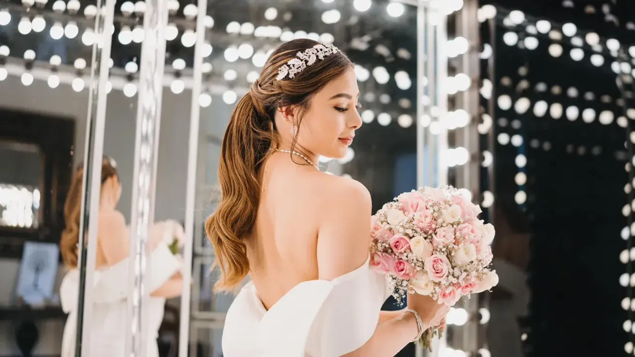 Novia con peinados de novia recogidos elegantes, tiara brillante y ramo de rosas.