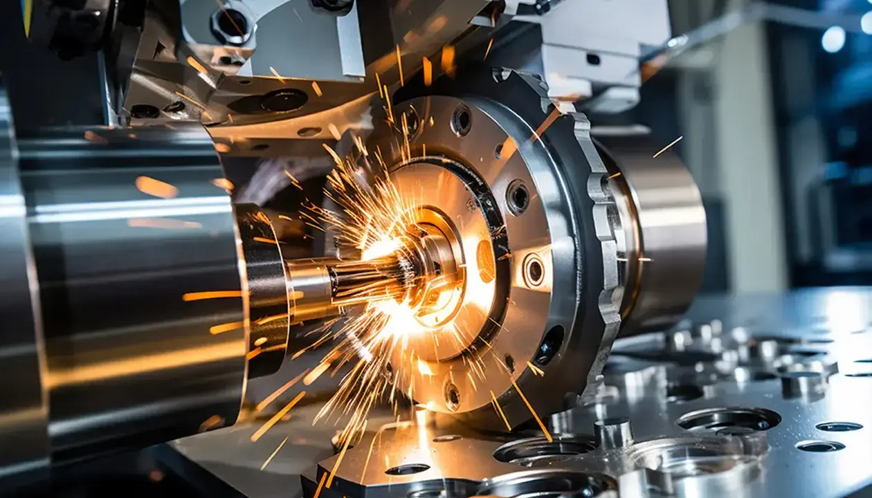 Macchinario industriale in azione, scintille luminose durante un corso CNC. Precisione e potenza nella lavorazione dei metalli.