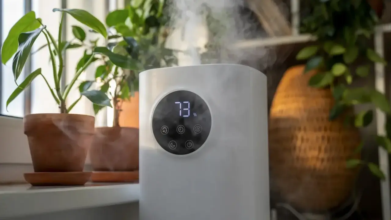 Luftbefeuchter sorgt für optimale Luftfeuchtigkeit für Pflanzen. Nebel steigt auf und umhüllt die grünen Blätter.