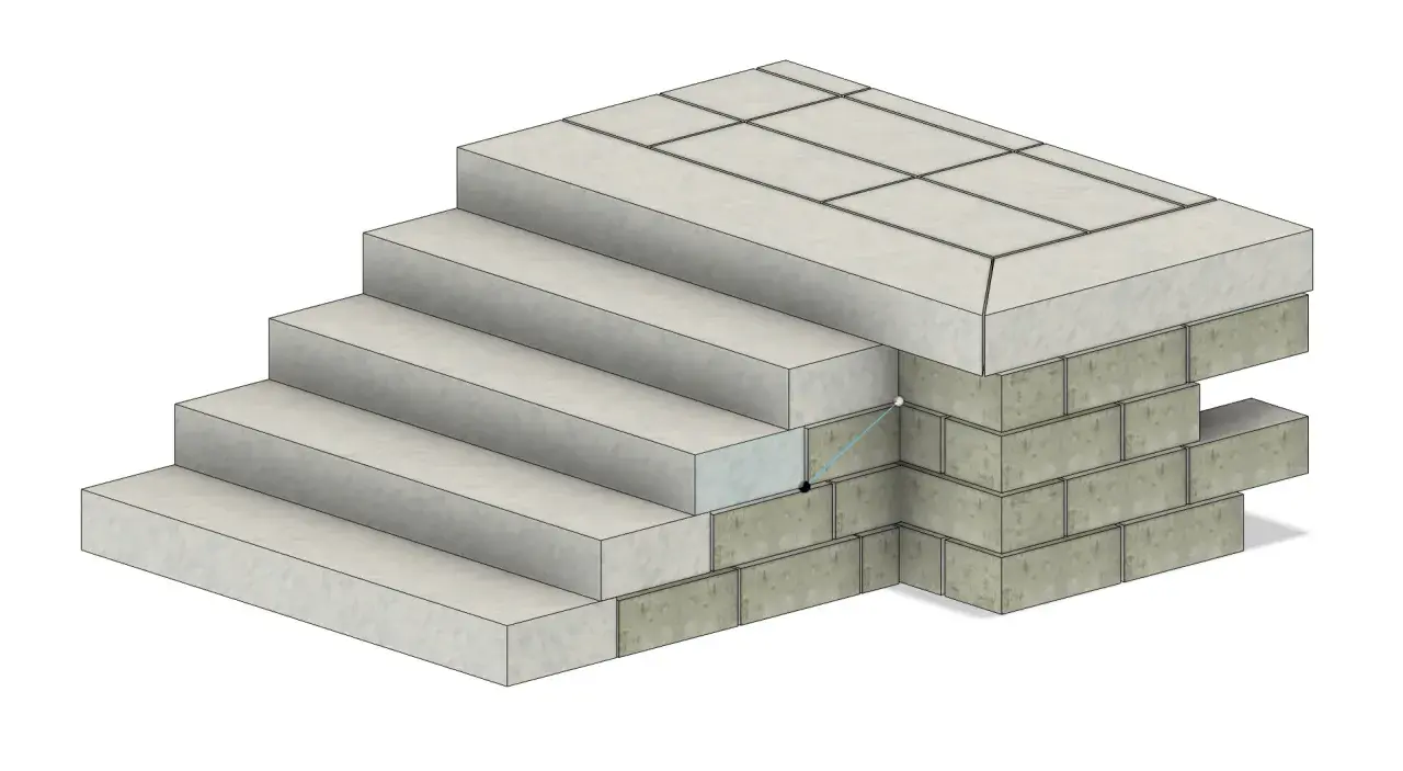 Illustration av hur man kan gjuta trappa med lecablock som stomme. Trappsteg i betong vilar på en mur av lecablock.