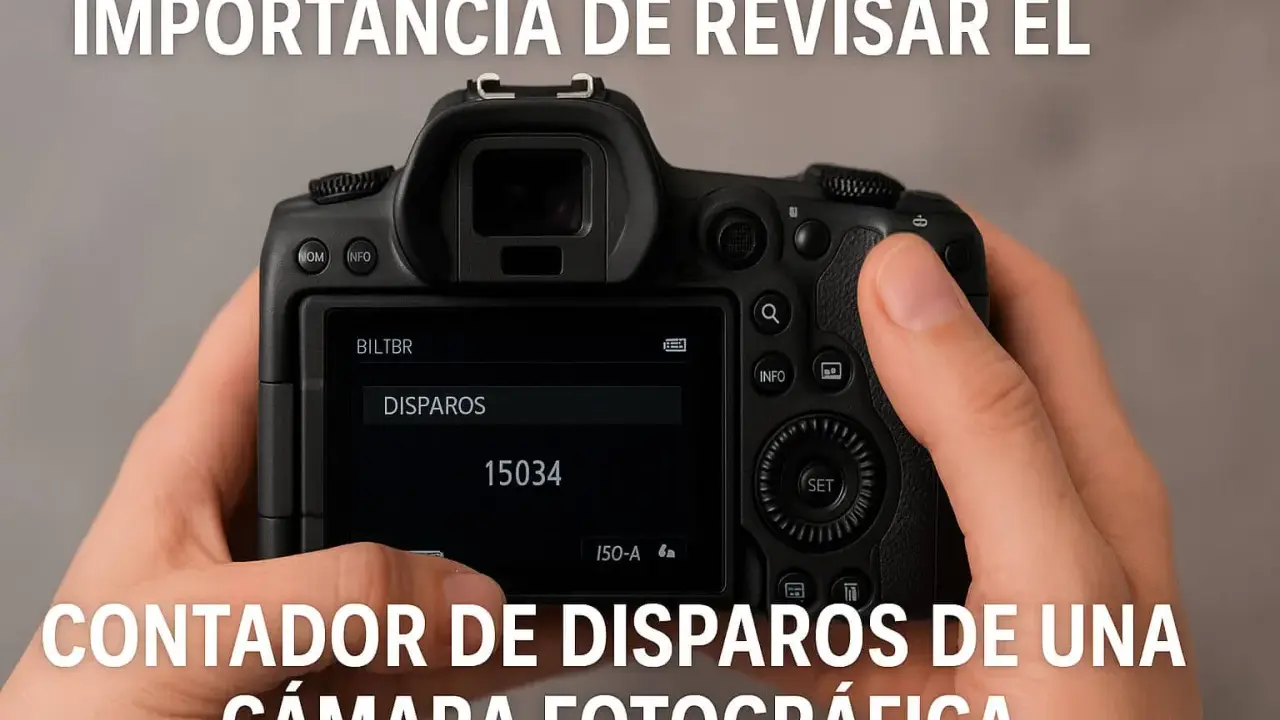 El contador de disparos de una cámara fotográfica muestra 15034. Es importante revisar cuántos disparos dura una cámara.