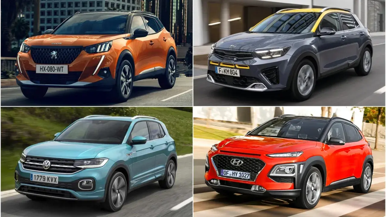 Cuatro tipos de coche modernos: un Peugeot naranja, un Kia gris y amarillo, un Volkswagen azul y un Hyundai rojo.