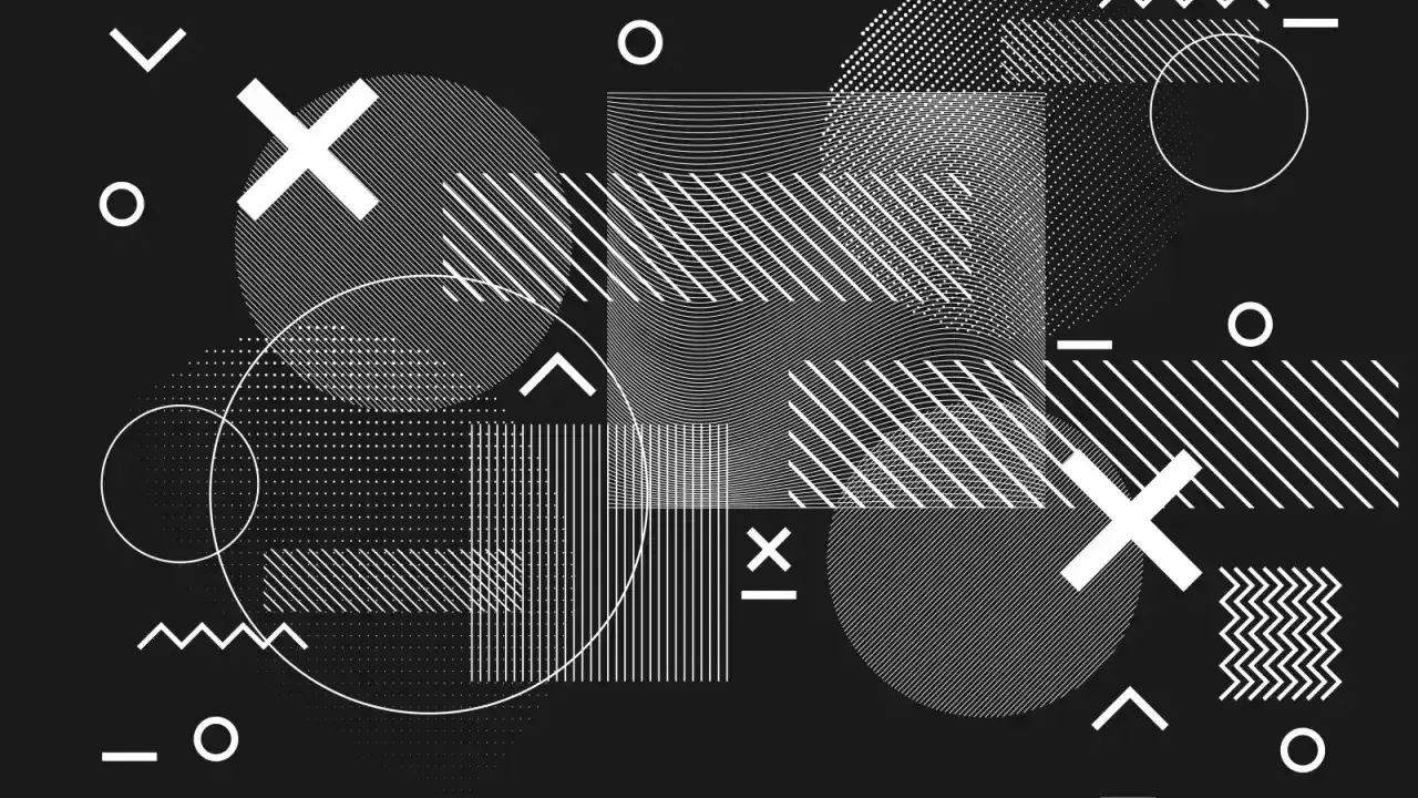 Abstrakcyjny wzór z geometrycznymi kształtami: koła, kwadraty, krzyżyki i linie. Wszystko wykonane w technice druk białym kolorem na czarnym tle.