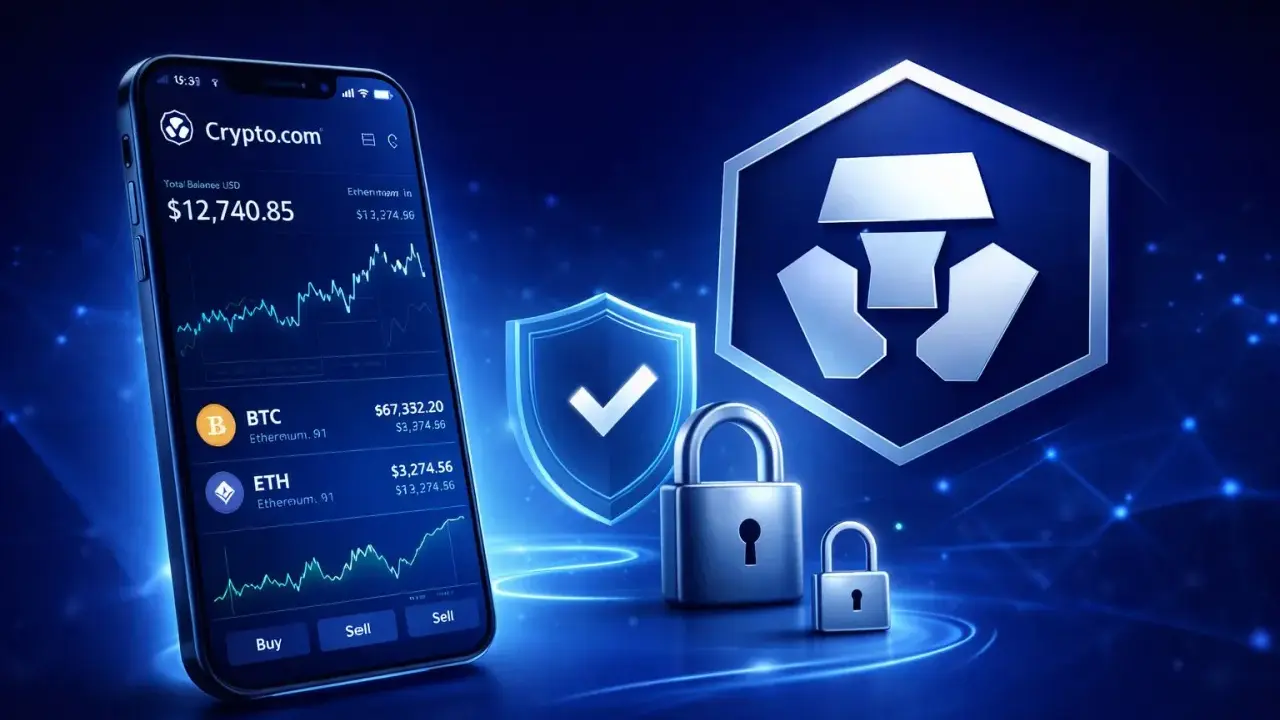 Telefon z aplikacją Crypto.com pokazuje saldo i wykresy kryptowalut. Obok logo Crypto.com i symbol bezpieczeństwa.
