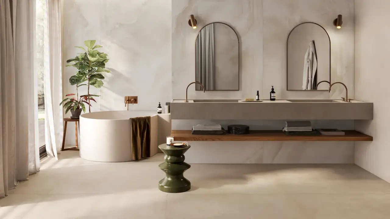 Baño moderno con bañera exenta, lavabos dobles y azulejos a matajunta en paredes y suelo.