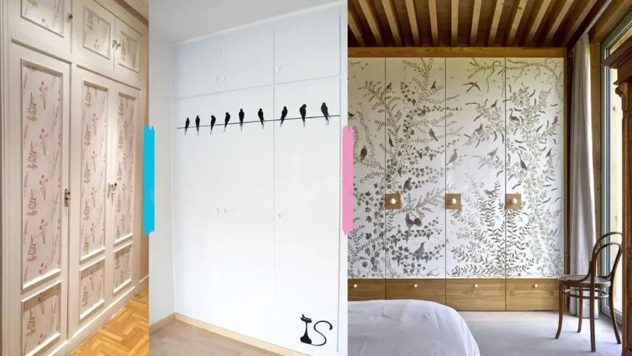 Armarios empotrados con diseños florales y de pájaros, perfectos para forrar armario empotrado con estilo.