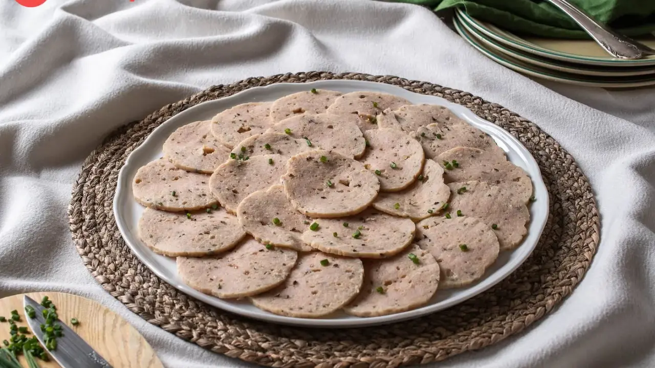 Rodajas de fiambre de pollo casero, decoradas con cebollino fresco, listas para disfrutar.