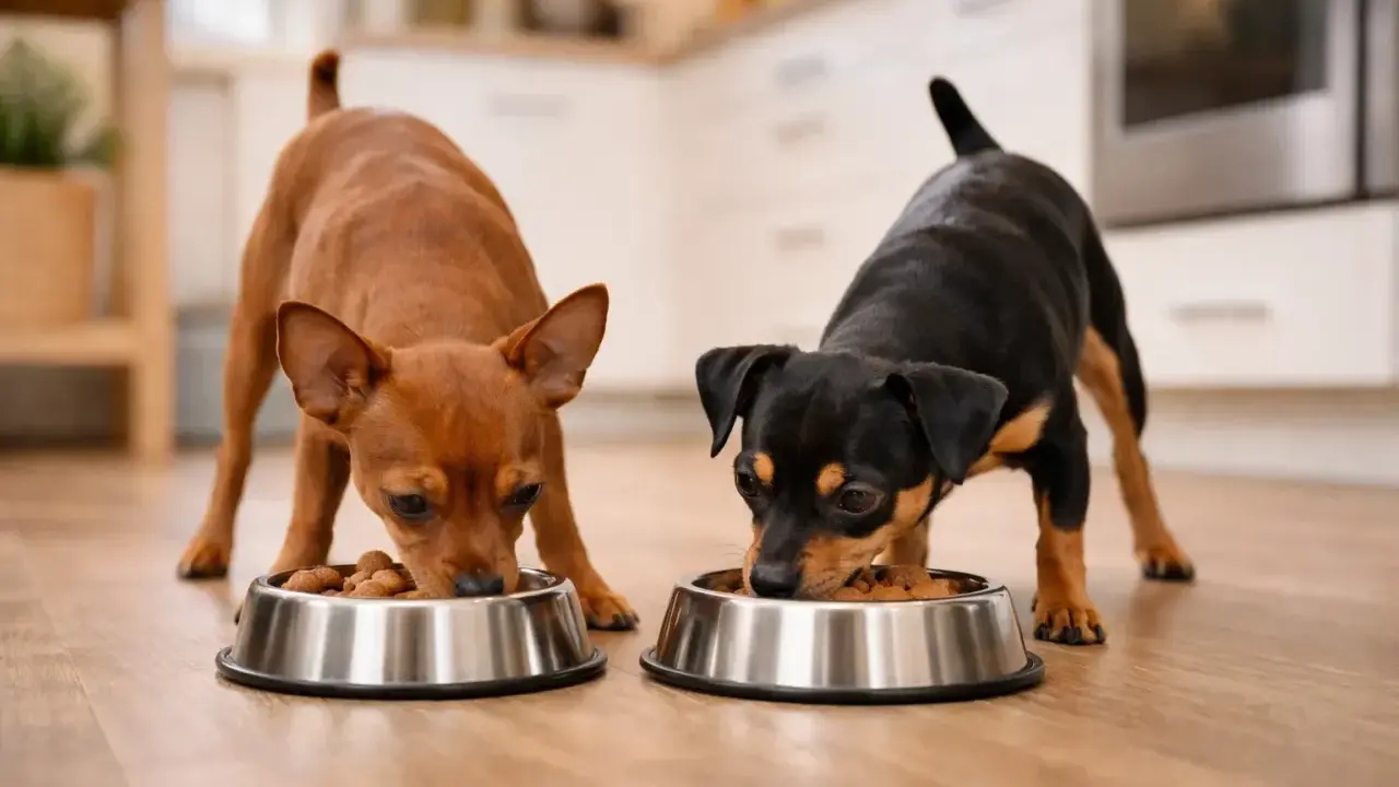 Deux pinschers nains mangent dans leurs gamelles. La quantité de nourriture est adaptée à leur petite taille.