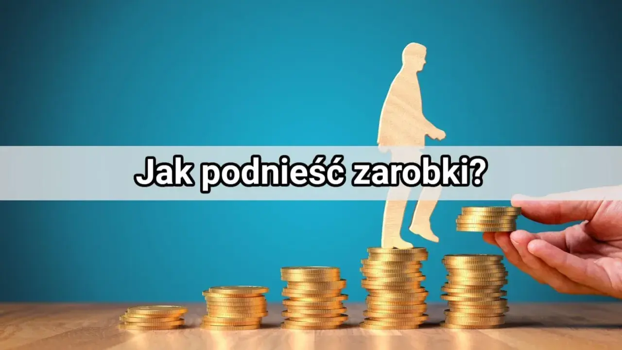 Sylwetka człowieka wspina się po stosach monet, symbolizując drogę do lepszych zarobków. To wizualizacja, jak praca na studiach może prowadzić do finansowego sukcesu.