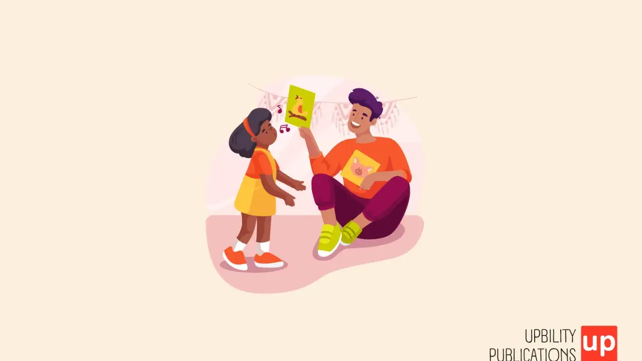 Un hombre sonriente le muestra una tarjeta a una niña. Ella parece feliz, como si estuviera aprendiendo algo nuevo. ¿Qué es tea en un niño? Es la alegría de aprender.