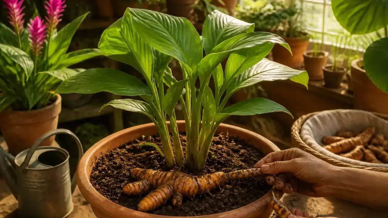 Arrosage d'un curcuma en pot. Des rhizomes orangés émergent de la terre, prêts à être plantés ou récoltés.