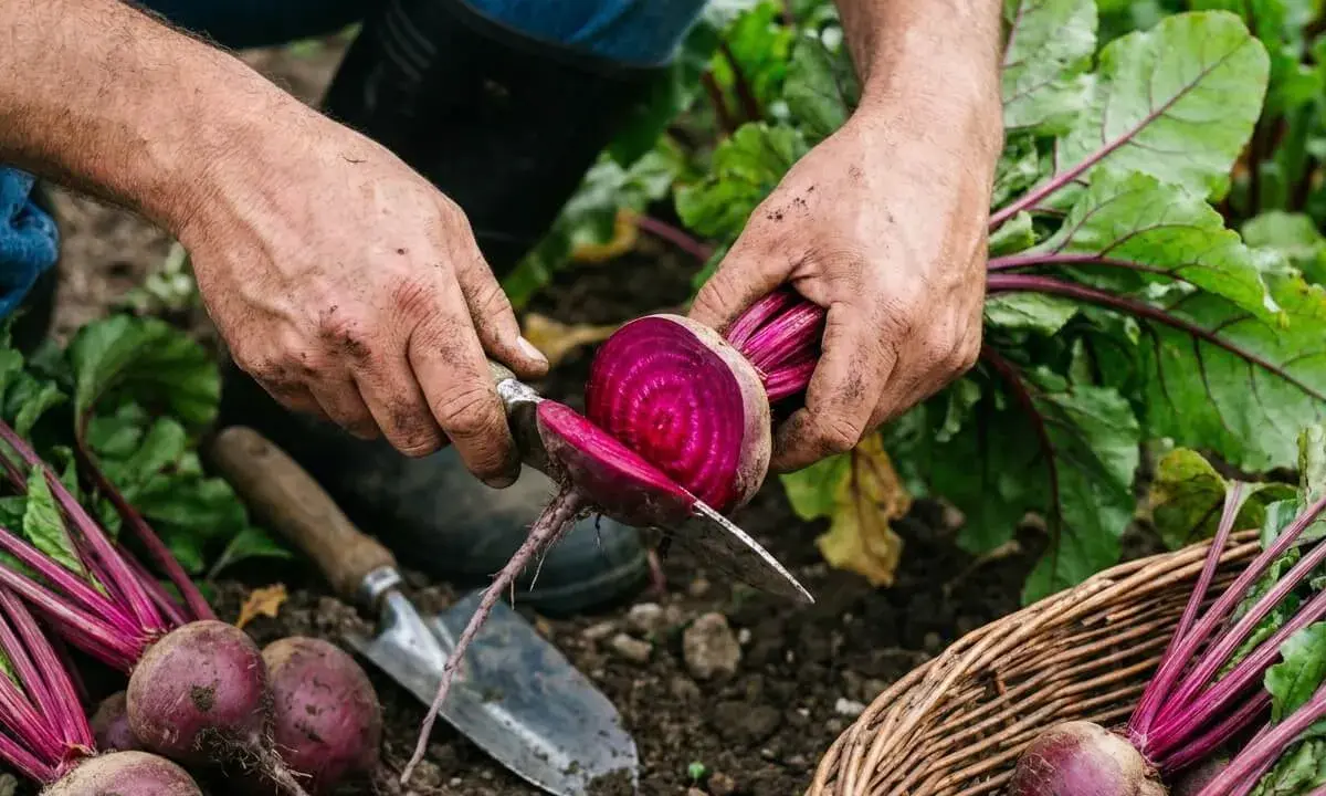 Un jardinier coupe une betterave fraîchement récoltée. On peut planter des betteraves jusqu'à la fin de l'été pour une récolte d'automne.