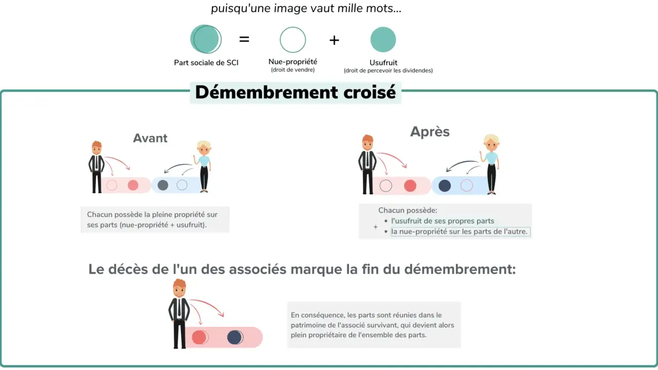 Schéma expliquant le démembrement croisé de parts de SCI, une stratégie pour la résidence principale.