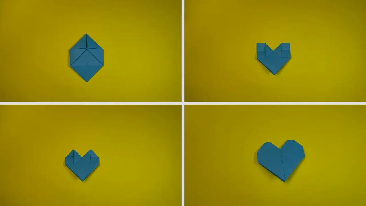 Passaggi per creare un modellino cuore fai da te con origami blu su sfondo giallo.