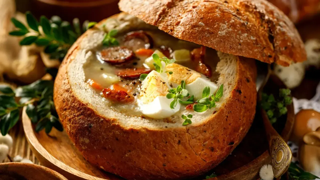 Pyszny żurek w chlebie, z kiełbasą, jajkiem i ziołami, podany w rustykalnym stylu.