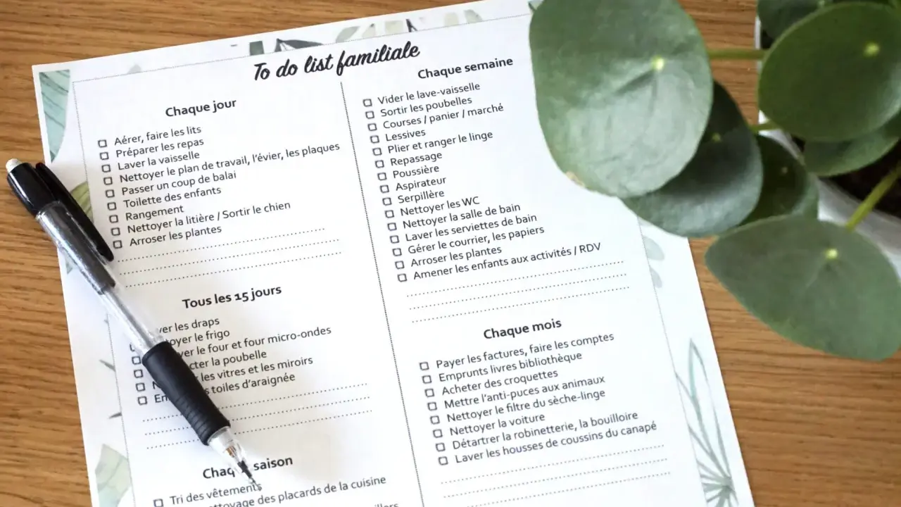Une liste de tâches familiales avec des cases à cocher pour la planification des corvées quotidiennes, hebdomadaires, mensuelles et saisonnières.