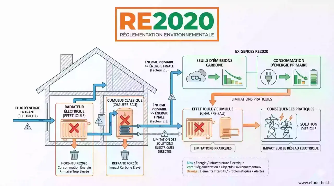 Schéma RE2020 : flux d'énergie électrique vers un radiateur, illustrant le rendement radiateur électrique et ses impacts.