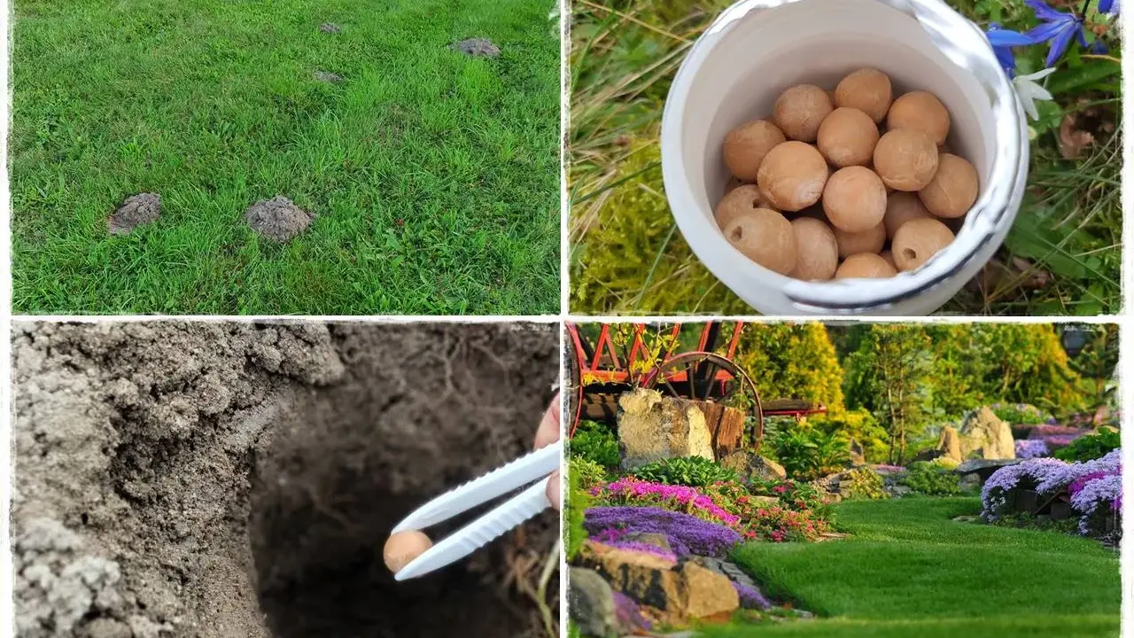 Kret na trawniku? Zobacz, jak pozbyć się kreta, stosując naturalne metody. Woreczek z kulkami i ogród pełen kwiatów.