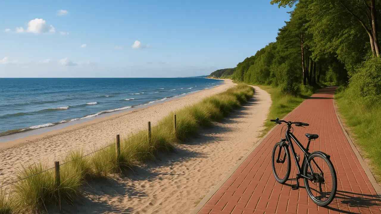 Rower czeka na ścieżce przy plaży, idealne miejsce na **rajdy rowerowe dla amatorów**. Słońce, morze i las zapraszają do aktywnego wypoczynku.