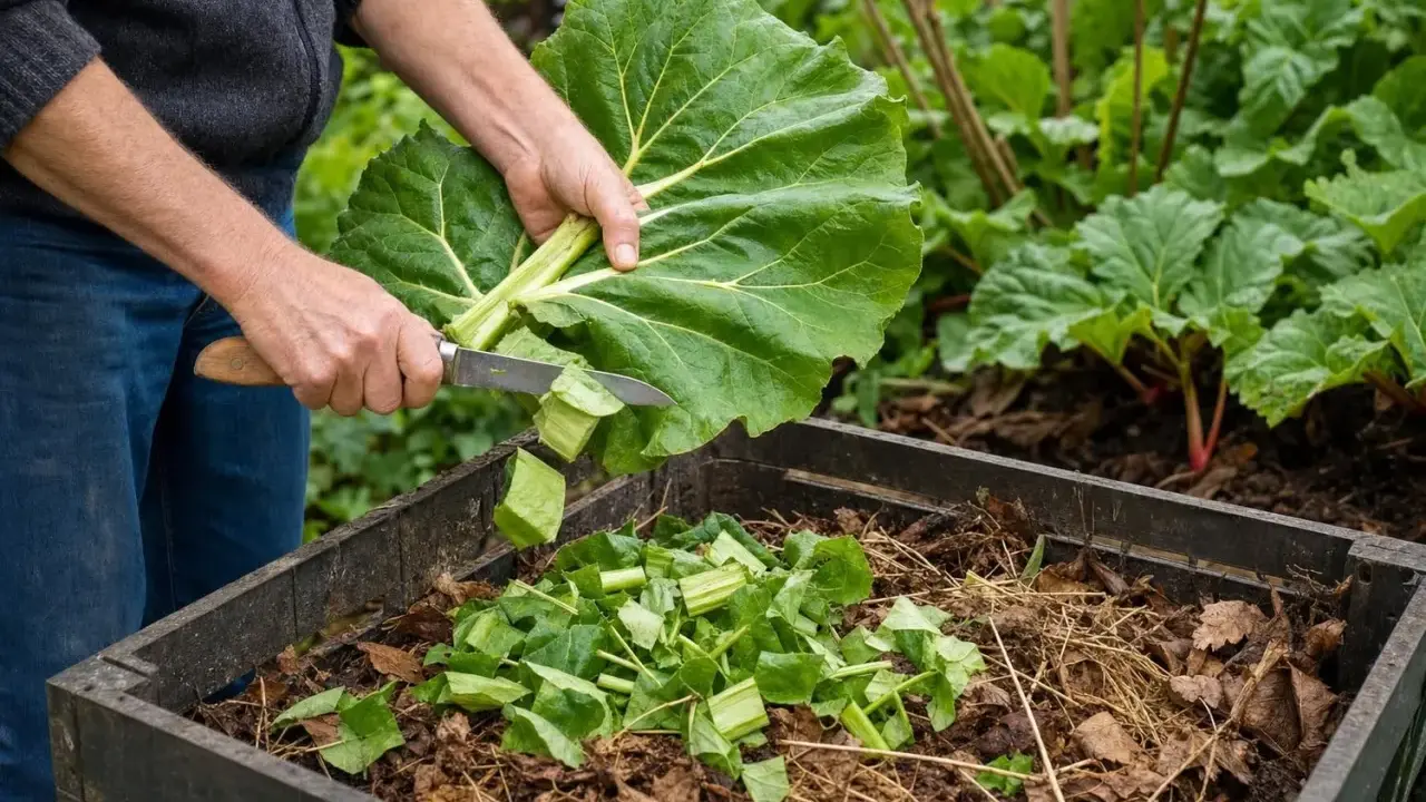 Un jardinier coupe une grande feuille de rhubarbe pour la mettre dans un composteur rempli de feuilles mortes.