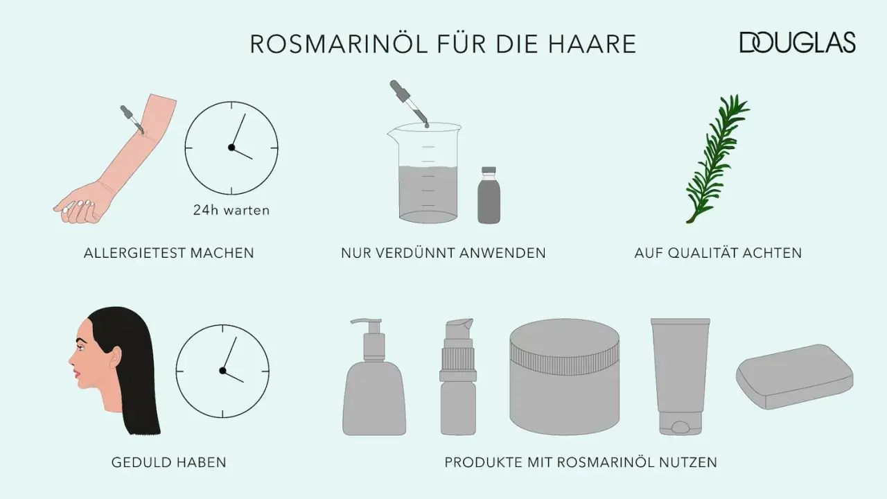 Rosmarinöl für die Haare: Allergietest, verdünnt anwenden, Qualität prüfen. Geduld haben und Produkte mit Rosmarinöl nutzen.